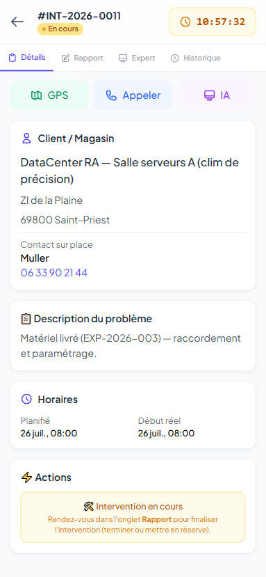 Application technicien : detail d'une intervention sur mobile